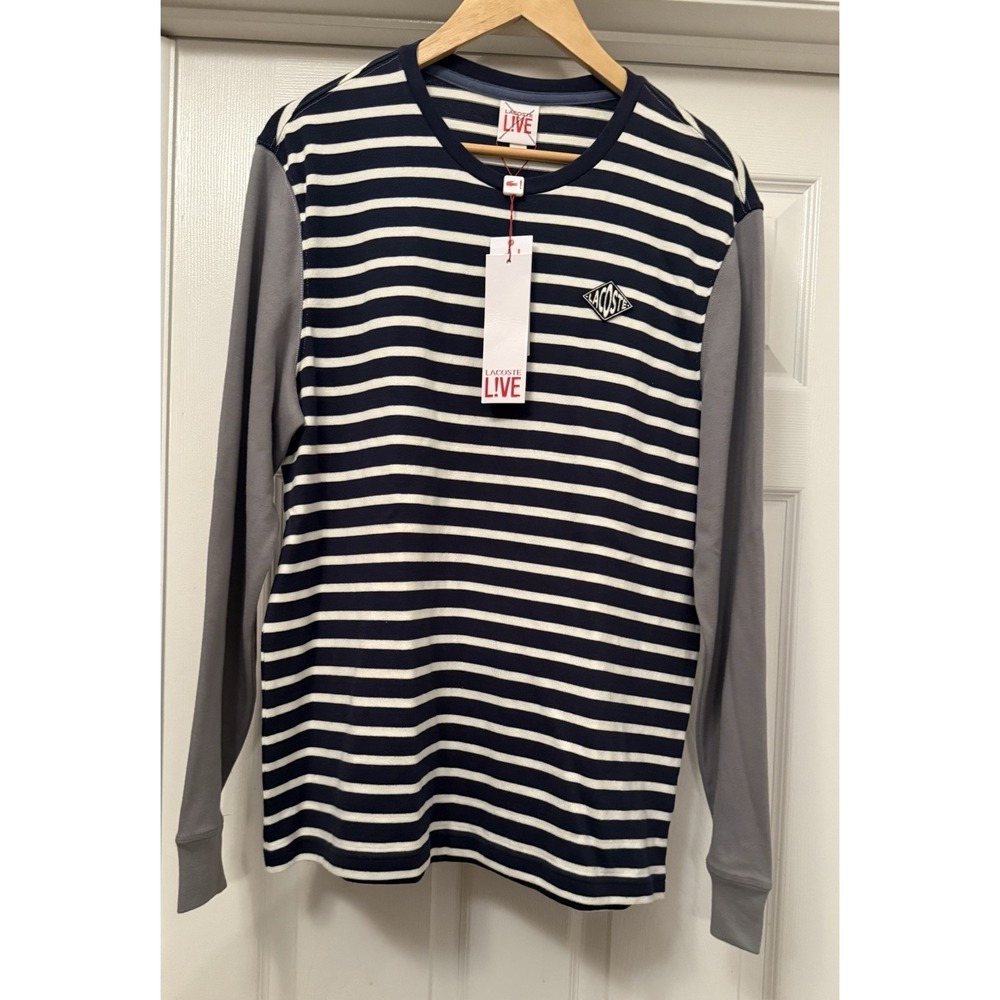 Lacoste L!VE Long Sleeve T-Shirt Mens L Navy White Striped Contrast Grey Sleeve
